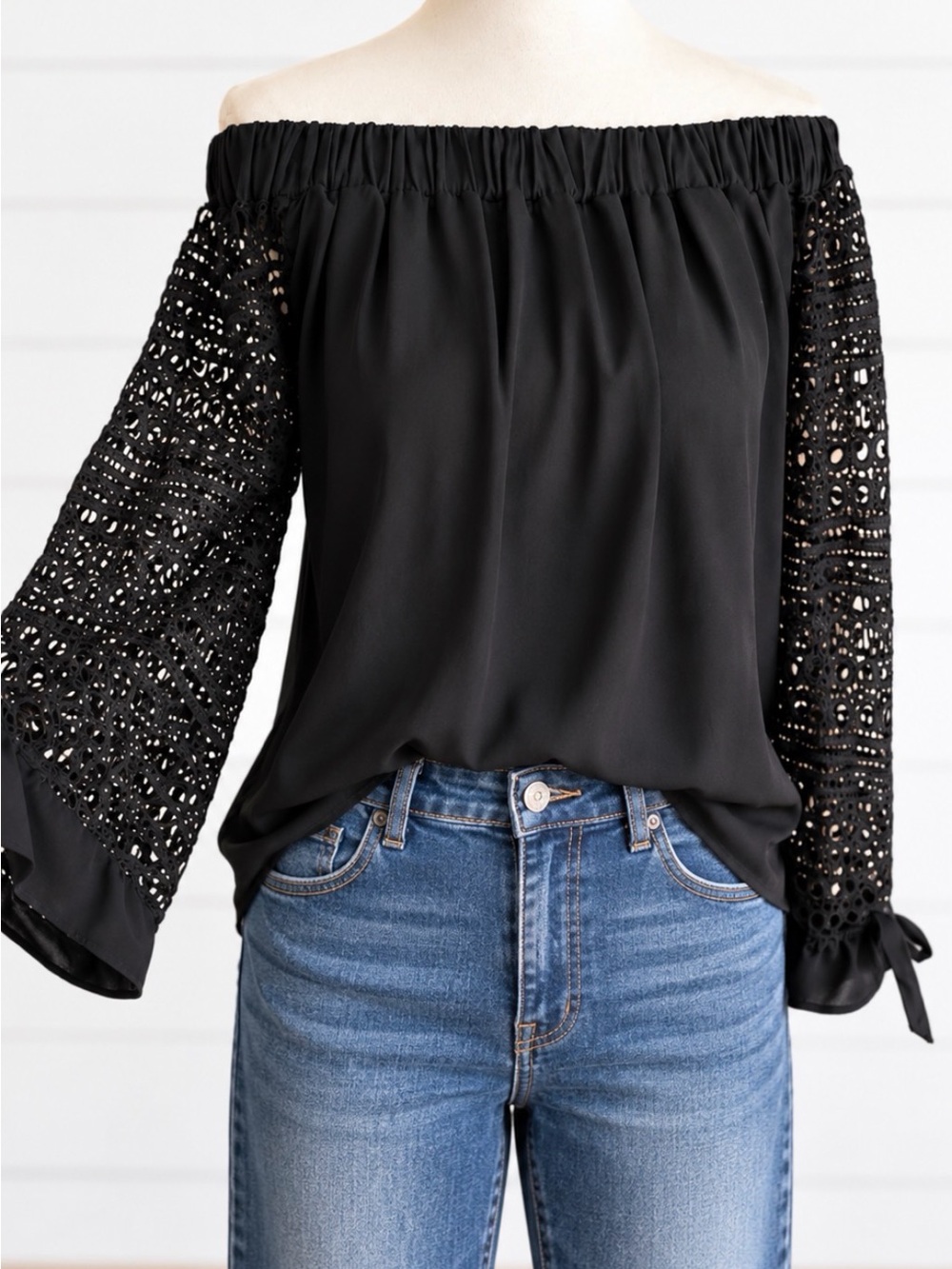 Express Off Shoulder Crochet Lace Bell Sleeve Blouse Black Boho Romantic Top S